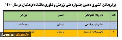 کسب مقام های برتر دهمین جشنواره ملی پژوهش و فناوری دانشگاه فرهنگیان توسط همکاران دانشگاه فرهنگیان لرستان 